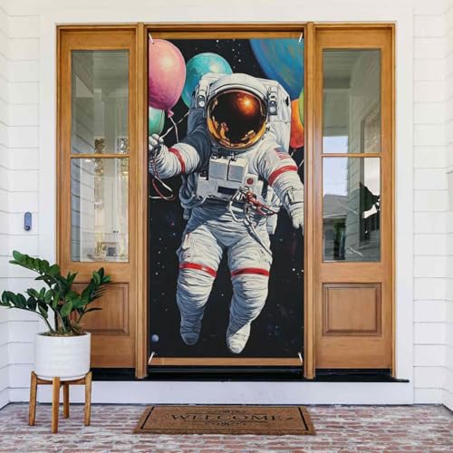 DFJMASFKOL Raumtürabdeckungen, dekoratives Zubehör, Astronauten-Türabdeckung, bunte Luftballons, Türabdeckung, dekoriertes Banner für Bauernhaus, Innen- und Außenbereich, 90 x 185 cm von DFJMASFKOL