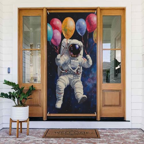 DFJMASFKOL Raumtürabdeckungen, dekoratives Zubehör, Astronauten-Türabdeckung, bunte Luftballons, Türabdeckung, dekoriertes Banner für Haustür, Urlaub, Frühling und Sommer, Party, 90 x 185 cm von DFJMASFKOL