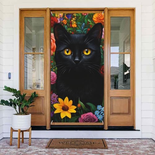 DFJMASFKOL Türabdeckung mit Blumenmotiv, dekoriertes Banner, schwarze Katze, dekoratives Zubehör, bunte Blumen, Türabdeckung für drinnen und draußen, Garten, Zuhause, 90 x 185 cm von DFJMASFKOL