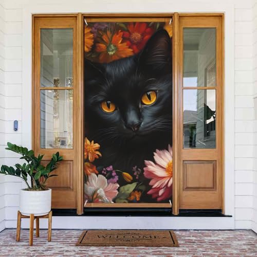 DFJMASFKOL Türabdeckung mit Blumenmotiv, schwarze Katze, dekoriertes Banner, bunte Blumen, Türabdeckungen, dekoratives Zubehör für Innen- und Außendekorationen, 90 x 185 cm von DFJMASFKOL