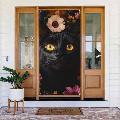 DFJMASFKOL Türabdeckung mit Blumenmotiv, schwarze Katze, dekoriertes Banner, bunte Blumen, Türabdeckungen, dekoratives Zubehör für drinnen und draußen, Garten, Zuhause, 90 x 185 cm von DFJMASFKOL