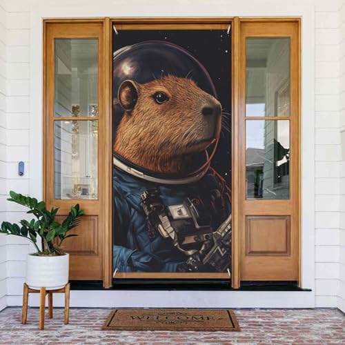 DFJMASFKOL Weltraum-Capybara-Türabdeckung, Motiv: Capybara, Astronaut, dekoriertes Banner, niedliche Capybara-Türabdeckungen, dekoratives Zubehör für Haustür, Urlaub, Frühlings- und Sommerparty, 90 x von DFJMASFKOL