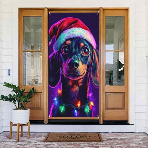 Dackel-Hunde-Türabdeckung, Weihnachtsmannmütze, dekoriertes Banner, Dackel, Türabdeckungen, dekoratives Zubehör für Haustür, Urlaub, Frühling und Sommer, Party, 90 x 185 cm von DFJMASFKOL