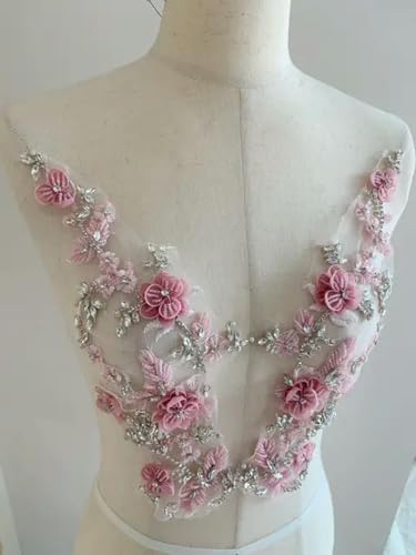 DFLINGA 1 Paar Rosa Strass Applikationen mit 3D Blumen für Mieder Aufnäher Nähen Hochzeit von DFLINGA