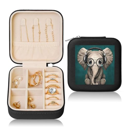 DGHEWYSD Kleine Schmuckschatulle, grauer Elefant, bedruckt, tragbar, Reise-Schmuck-Organizer, Leder, Mini-Reise-Schmuckschatulle für Damen und Mädchen von DGHEWYSD