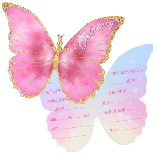 DGUSO 20 Einladungskarten Kindergeburtstag Mädchen, 12.5 x 10.5 cm Einladungskarten Geburtstag Schmetterling, Deutsch Einladung Kindergeburtstag Mädchen, Rosa, Auch für Hochzeit, Party usw von DGUSO