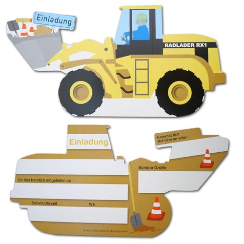 DH-Konzept Baustelle Kindergeburtstag Einladungskarten Bagger Design - 12 Einladungen aus Karton, Radlader Motiv, Texte in deutsch, 18 x 9 cm, 2 x 6 Stück von DH-Konzept