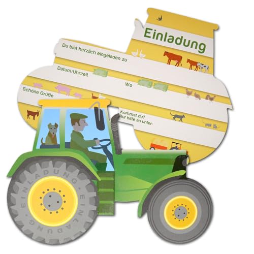 DH-Konzept Kindergeburtstag Bauernhof Einladungskarten Traktor Motiv - 12 Einladungskarten aus Karton mit deutschem Einladungstext (2 x 6 Stück) von DH-Konzept