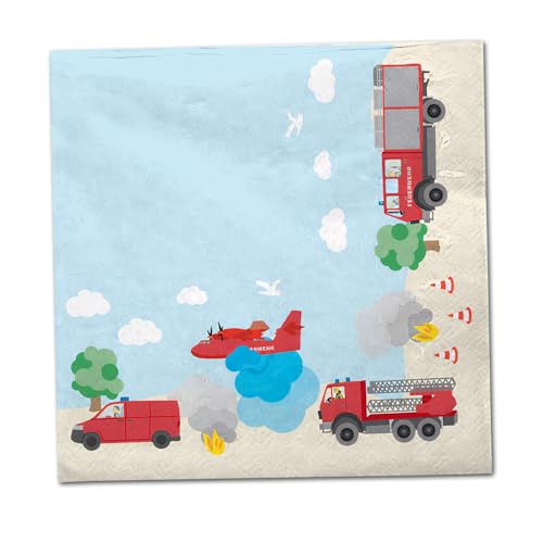 Kindergeburtstag Feuerwehr Papierservietten mit Motiven - 40 Servietten mit Feuerwehr Fahrzeugen und Löschflugzeug Design (2 x 20 Stück) von DH-Konzept