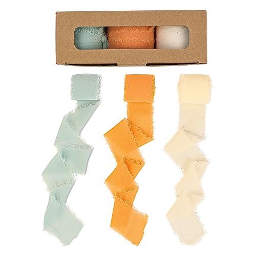 3 Rollen Chiffonband, 3,8 cm x 7 m, handgefertigtes Fransen-Chiffon-Seidenband, cremiges orange-grünes Bänder-Set für Geschenkverpackungen, Hochzeitseinladungen, Brautsträuße, DIY Handwerk (cremiges von DHAIQC