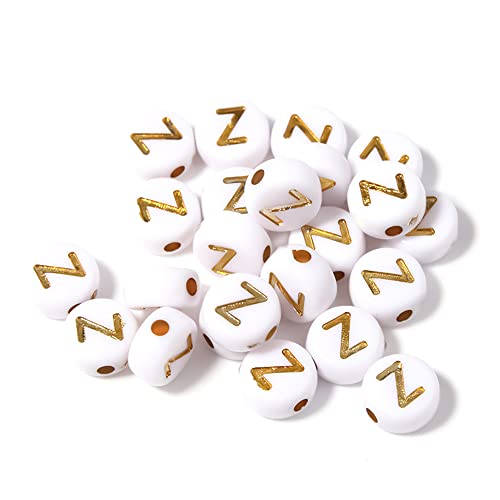 DHARIS 100 STÜCKE Buchstabenperlen Gold Buchstabe Weiß Runde Acryl Alphabet Perlen Buchstaben A ~ Z Perlen für die Schmuckherstellung Armbänder Halsketten Schlüsselanhänger DIY 4X7mm (100 STÜCKE-Z) von DHARIS