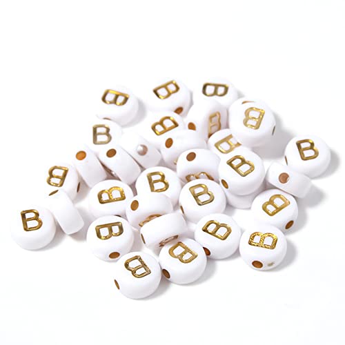 DHARIS 100 STÜCKE Buchstabenperlen Gold Buchstabe Weiß Runde Acryl Alphabet Perlen Buchstaben A ~ Z Perlen für die Schmuckherstellung Armbänder Halsketten Schlüsselanhänger DIY 4X7mm (100 STÜCKE-B) von DHARIS