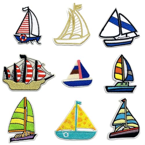 DHER Stickereien Aufnäher Kinder Applikation zum Aufbügeln Segelboot-Stickerei-Patches 9 Stück Sporty Style Kleidung Stickerei Iron-On Fabric Sticker Zubehör Mode Patch Aufkleber für Jacken (B) von DHER