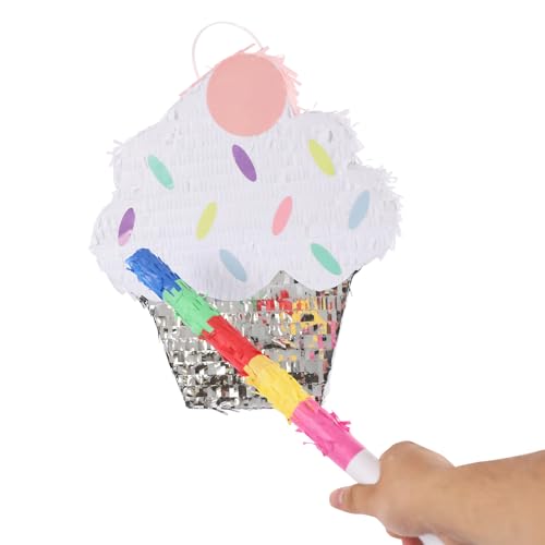 Eiscreme Pinata, 33 * 38cm Kleine Zugschnur Eiswaffel Pinata mit Stab, Geburtstagsspiel für Kindergeburtstag Geburtstag Mädchen Party- Geburtstagsdeko Partydeko & Partyzubehör - Cupcake von DHQCQL