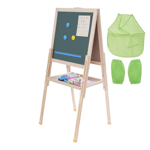 Staffelei Set für Kinder, 2-in-1 Staffelei Holz Groß mit Schürze, Ärmel, Kreidetafel, Papierrolle, Verstellbarem Zeichenbrett mit Malzubehör, Staffelei Kinder ab 6 jahre (Holzfarbe, 72-115cm) von DHQCQL