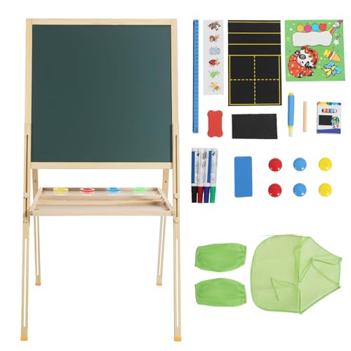 Staffelei Set für Kinder, 2-in-1 Staffelei Holz Groß mit Schürze, Ärmel, Kreidetafel, Papierrolle, Verstellbarem Zeichenbrett mit Malzubehör, Staffelei Kinder ab 6 jahre (Holzfarbe, 90-155cm) von DHQCQL