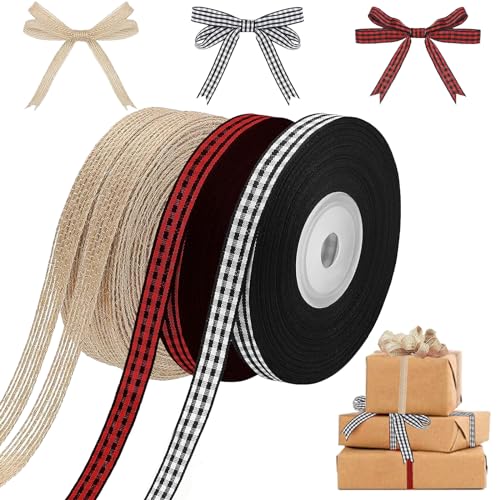 DHRUTI 4 Rollen Geschenkband Weihnachten Rot und Schwarz Büffel Kariert Weihnachten Satinband Sackleinenband für DIY Bastelverpackung, Weihnachtsbaum-Partydekoration (0.6cm) von DHRUTI