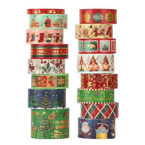 DHRUTI Weihnachten Washi Tape Set, 16 Rollen Gold Folie Dekoratives Klebeband mit Weihnachtsbäume Schneeflocken Washi Tape für Bullet Journal, Scrapbooking,Geschenkverpackungen,DIY Bastel (16Rolles) von DHRUTI