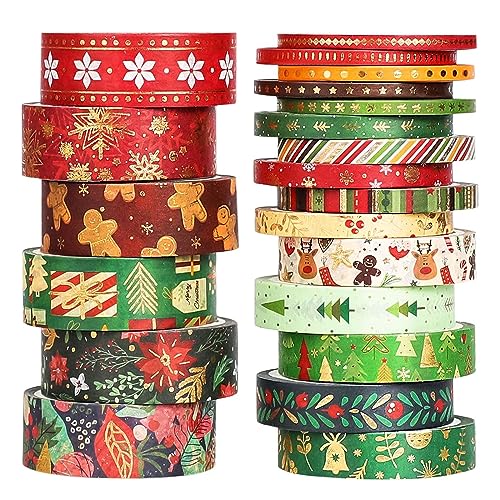 DHRUTI Weihnachten Washi Tape Set, 21 Rollen Gold Folie Dekoratives Klebeband mit Weihnachtsbäume Schneeflocken Washi Tape für Bullet Journal, Scrapbooking,Geschenkverpackungen,DIY Bastel (21Rolles) von DHRUTI