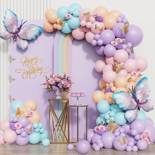 Lila Luftballons Girlande,150 Stück Lila Blau Schmetterling Pastell Ballons Girlande Kit mit Gold Schmetterling Aufklebern, für Baby Shower Hochzeit Schmetterling Thema Party Geburtstagsdeko Mädchen von DHRUTI