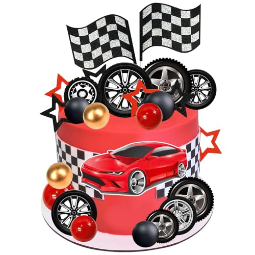 Tortendeko Auto Geburtstag, 27 PCS Rot Auto Kuchen Deko, Auto Geburtstagstorte Deko,Kuchendeko Geburtstag Junge, Auto Cake Topper für Kindergeburtstag, Rennauto Theme Party (Rot) von DHRUTI