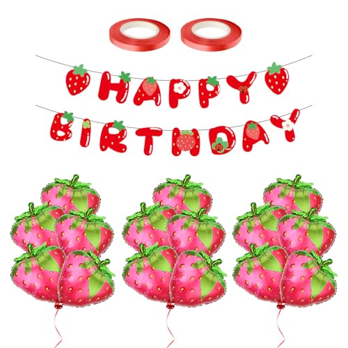 15 Erdbeerballons, 1 Erdbeerbanner, 2 Rollen mit 10 m Bändern, Fruchtballons, Erdbeerpartydekorationen, rote Dekorationen von DHSBGWSX