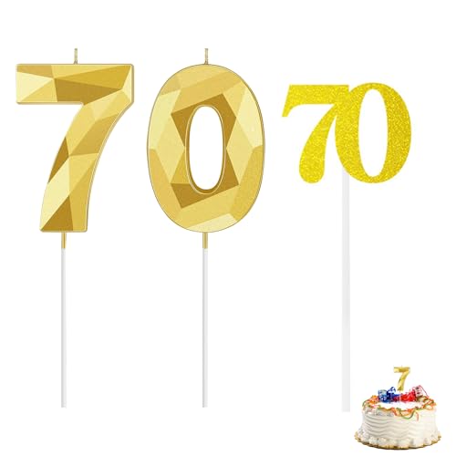 2 Zahlenkerzen und 1 Zahlenstreifen, Dekorationen zum 70. Geburtstag, Kerzen zum 70. Geburtstag, Ruhestandsdekorationen, DIY-Kerzen, Geburtstagszubehör, Unisex (Gold) von DHSBGWSX