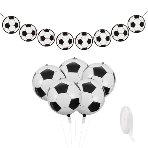 5 Stück 4D-Fußballballons, 1 Stück Fußball-Pull-Flagge, 1 Rolle Ballonband, Fußball-Druckballons, Ballondekoration Zum Thema Sport, Atmosphäre Aus Aluminiumfolie, Dekoration Für Fußballpartys von DHSBGWSX