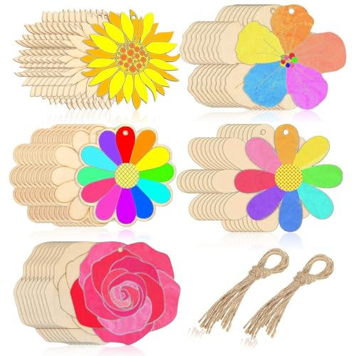 50 Stück Holzblumen zum Bemalen, Blumen Holzscheiben Deko Holzausschnitte mit Jute Schnur Holzblumen Scheiben für DIY Handwerk Scrapbooking Geburtstag Party Dekoration von DHSWNNG