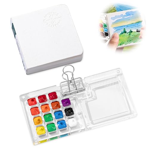 Tragbare Skizzenbuch Palette Set, 15 Grids Mini Acryl Reise Malpalette Malkasten Acrylfarben Pocketartist Travel Set mit Aquarellpapier Journal und Clip von DHSWNNG