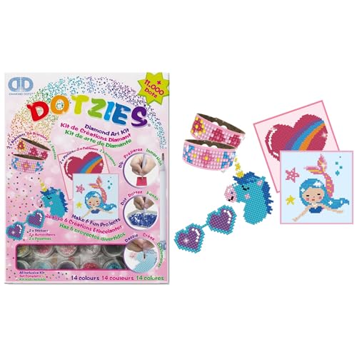 DIAMOND DOTZ DTZ10.001 - Original Diamond Painting Dotzies Set mit 6 Motiven: 2 Bilder 15x15cm, 2 Armbänder, 2 Aufkleber / Sticker, DIY Diamant Komplettset für Kinder ab 8 Jahren, Extra funkelnd, Rosa von DIAMOND DOTZ