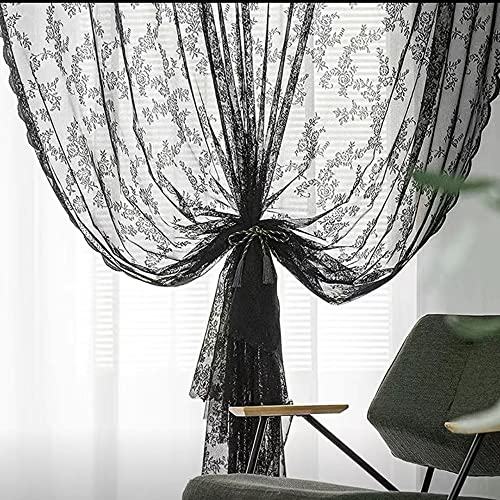 DIBAKO Bistrogardine Scheibengardine Voile Küchengardine Amerikanischer Kurzgardine Kurz Gardinen Spitze Dekoschals Für Kurz Fenster Wäsche, 1 Stück, Schwarz (Color : Black, Size : 150cmx130cm) von DIBAKO