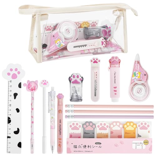 14 PCS Niedliche Katzenpfoten Pfote Schreibwaren Set, Kawaii Cartoon Mini Bleistiftspitzer Einziehbarer Radiergummi, Korrekturband, Punktierstifte, Lineal, Haftnotizen für Kinder und Katzenliebhaber von DIBALIYI