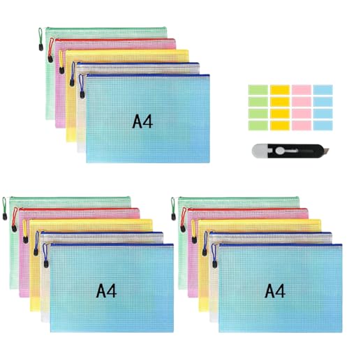 15PCS Dokumententasche A4, Mesh Kunststoff Reißverschlusstasche für Datei, Datei Taschen mit Messer und Aufkleber, Schulbüro Hausaufgaben für Datei, Papier, Quittungen (15PCS A4) von DIBALIYI