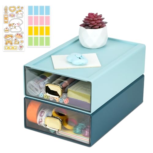 2 PCS Schreibtisch Schubladenbox mit 2 Schubladen, Stapelbarer Organizer Drawer mit Etiketten, Große Kunststoff Office Bastel Aufbewahrungsbox für Schreibwaren, Schminke (S-Blau+ Cyan) von DIBALIYI