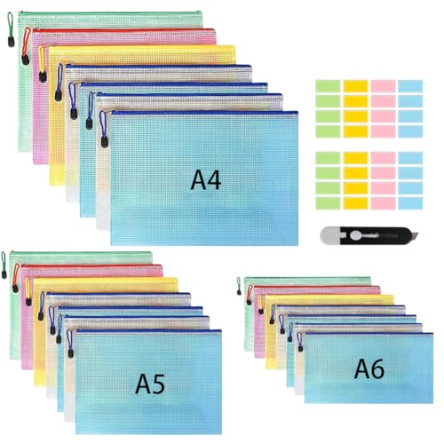 21PCS Dokumententasche A4+A5+A6, Mesh Kunststoff Reißverschlusstasche für Datei, Datei Taschen mit Messer und Aufkleber, Schulbüro Hausaufgaben für Datei, Papier, Quittungen (A4+A5+A6) von DIBALIYI