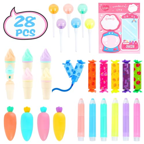 28 PCS Mini Textmarker, Karotte Bonbon Textliner Stifte mit Haftnotizen, Niedlich Textmarker Marker, Drucke Lustige für Süßigkeiten Party Bürobedarf von DIBALIYI