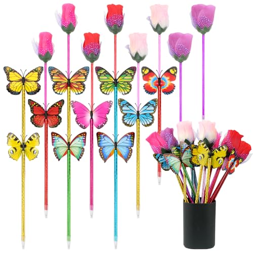 DIBALIYI 18 PCS Kugelschreiber Gelschreiber, 0,5 mm 10PCS Butterfly und 8PCS Rosenblüte Kugelschreiber Gel-Tintenroller, Blauer Gelstift für Schule, Büro, Zuhause, Party, Geschenk von DIBALIYI