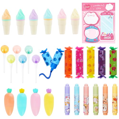 DIBALIYI 28 PCS Mini Textmarker, Karotte Bonbon Textliner Stifte mit Haftnotizen, Niedlich Textmarker Marker, Drucke Lustige für Süßigkeiten Party Bürobedarf von DIBALIYI