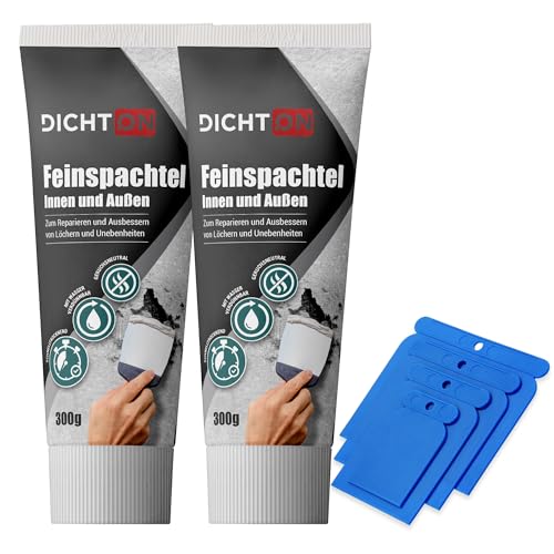 Feinspachtel weiß 2 x 300g mit Spachtelset innen & aussen - Wand & Decke Fertigspachtel, Bohrloch- & Rissfüller, Spachtelmasse zum reparieren & ausbessern - schnelltrocknend, überstreichbar - D.60W von DICHTON