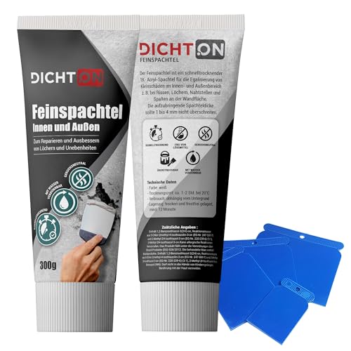 Feinspachtel weiß 3 x 300g mit Spachtelset innen & aussen - Wand & Decke Fertigspachtel, Bohrloch- & Rissfüller, Spachtelmasse zum reparieren & ausbessern - schnelltrocknend, überstreichbar - D.60W von DICHTON