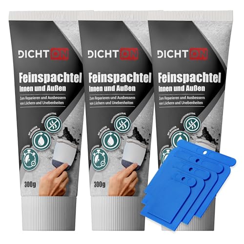 Feinspachtel weiß 3 x 300g mit Spachtelset innen & aussen - Wand & Decke Fertigspachtel, Bohrloch- & Rissfüller, Spachtelmasse zum reparieren & ausbessern - schnelltrocknend, überstreichbar - D.60W von DICHTON