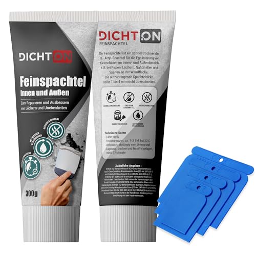 Feinspachtel weiß 300g mit Spachtelset innen & aussen - Wand & Decke Fertigspachtel, Bohrloch- & Rissfüller, Spachtelmasse zum reparieren & ausbessern - schnelltrocknend, überstreichbar - D.60W von DICHTON