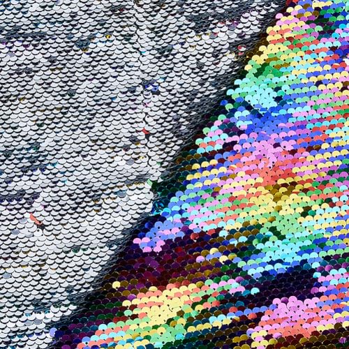 DICOSMETIC 1 x 1,5 m Paillettenstoff in Regenbogenfarben zu Silber, Glitzerstoff zum Nähen, Meerjungfrauen-Paillettenstoff, zweifarbiger Paillettenstoff zum Nähen, Hochzeit, Party, Dakoration von DICOSMETIC