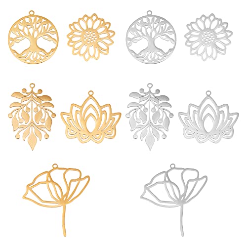 DICOSMETIC 10 Stück 5 Stil Edelstahl Anhänger Lotus Blume Und Blatt Charme Hypoallergen Flach Rund Mit Baum des Lebens Charme Für Armband Halskette Schmuckherstellung von DICOSMETIC