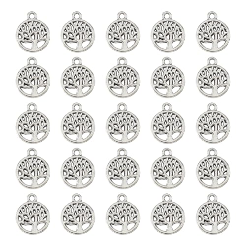 DICOSMETIC 100 Stück Antik Silber Baum Anhänger Mini Baumanhänger Aus Legierung Im Tibetischen Stil Flacher Runder Glücksbaumanhänger Für Die Herstellung von Armbändern Und Halsketten Bohrung: 1.2mm von DICOSMETIC