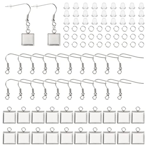 DICOSMETIC 100 Stück Blanko-Ohrring-Drahthaken Aus Edelstahl Mit Quadratischer Lünette 100 Stück Offener Biegering Und 100 Stück Kunststoff-Ohrmuttern Ohrhänger-Set Für DIY-Ohrringe, Bohrung: 2.3mm von DICOSMETIC