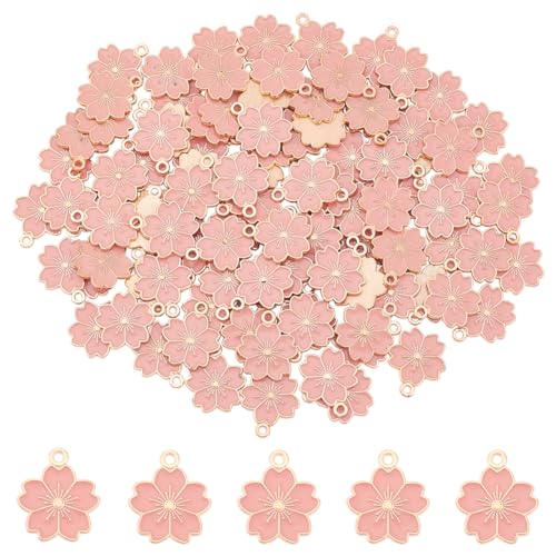 DICOSMETIC 100 Stück Emaille Sakuras Blumen Charme Rosa Blumen Charme Goldene Kirschblüten Charme Flatback Sakuras Charme Legierung Emaille Anhänger Für DIY Schmuckherstellung, Bohrung: 2 mm von DICOSMETIC