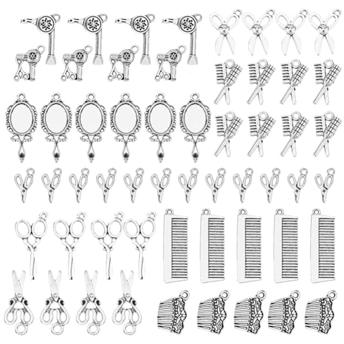 DICOSMETIC 100 Stück Friseur Charms 10 Stile Tibetische Legierungsanhänger Antik Silber Charms Scherenkamm Spiegel Anhänger Für DIY Schmuckherstellung Bohrung: 1.2-2mm von DICOSMETIC