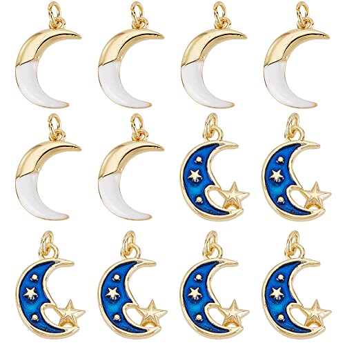 DICOSMETIC 12 Stück 2 Stile Mond Schmuck Charm Messing Emaille Halbmond Anhänger Vergoldeter Weißer Mond Und Dunkelblauer Stern Mond Charm Für Halskette Armband Schmuckherstellung, Bohrung: 2.4mm von DICOSMETIC